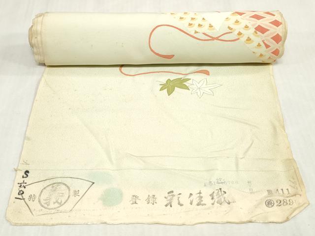 平和屋着物▼付下げ　反物　着尺　彩佳織　几帳草花文　金彩　若芽色　逸品　未使用　DABK9083zy