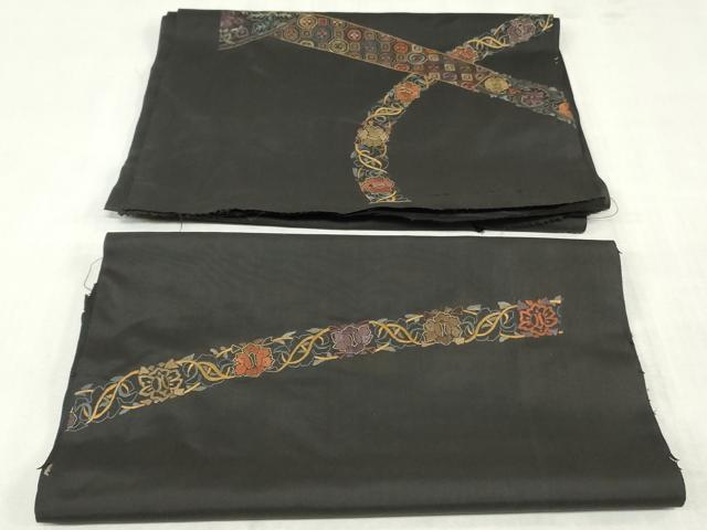 平和屋着物●付下げ　本場縞大島紬　解き反物　着尺　裁断済み　総刺繍　鳳凰草花文　黒地　金彩　逸品　DABK9130zy