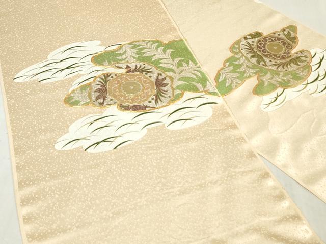 平和屋着物▼付下げ　反物　着尺　駒刺繍　尾長鳥花唐草文　金彩　逸品　未使用　DABK9148zy