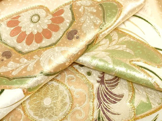 平和屋着物▼付下げ　反物　着尺　駒刺繍　尾長鳥花唐草文　金彩　逸品　未使用　DABK9148zy