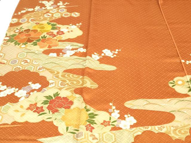 平和屋着物▼付下げ　反物　着尺　駒刺繍　亀甲草花文　金彩　十日町織物謹製　逸品　未使用　DABK9152zy