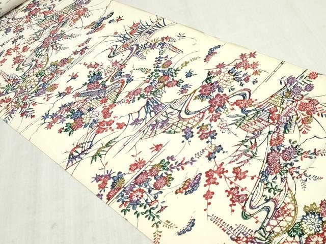 平和屋着物▼小紋　反物　着尺　伝統工芸京友禅　型染め　籬草花文　逸品　未使用　DABK9177zy