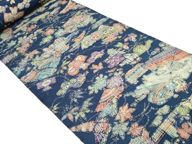 平和屋着物▼小紋　反物　着尺　ろうけつ染め　御所解文様　鬼しぼ縮緬　三越扱い　逸品　未使用　DABK9178zy