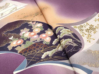 平和屋着物▼中国三大刺繍　相良刺繍　付下げ　反物　着尺　冊子籬草花文　暈し染め　金彩　逸品　未使用　DABK9277zy