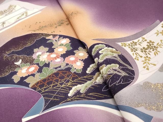 平和屋着物▼中国三大刺繍　相良刺繍　付下げ　反物　着尺　冊子籬草花文　暈し染め　金彩　逸品　未使用　DABK9277zy