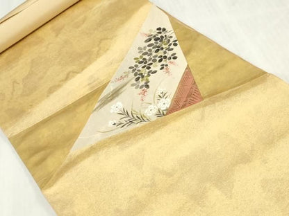 平和屋着物▼西陣　名古屋帯　帯反物　手描き　切り嵌め草花文　証紙付き　逸品　未使用　DABK9319zy