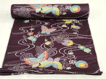 平和屋着物▼小紋　反物　着尺　型染め　舞蝶草花文　逸品　未使用　DABK9347zy