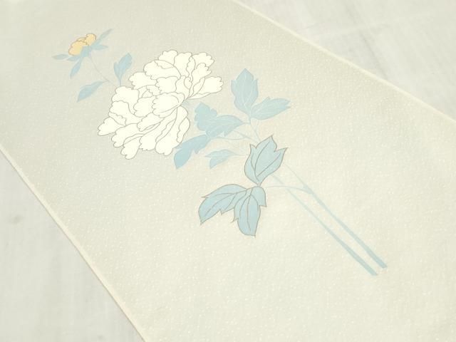 平和屋着物▼付下げ　反物　着尺　駒刺繍　牡丹　金彩　白花色　逸品　未使用　DABK9384zy
