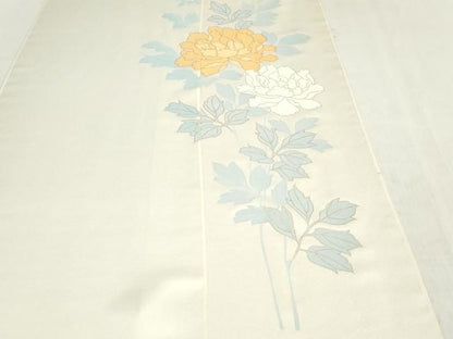 平和屋着物▼付下げ　反物　着尺　駒刺繍　牡丹　金彩　白花色　逸品　未使用　DABK9384zy