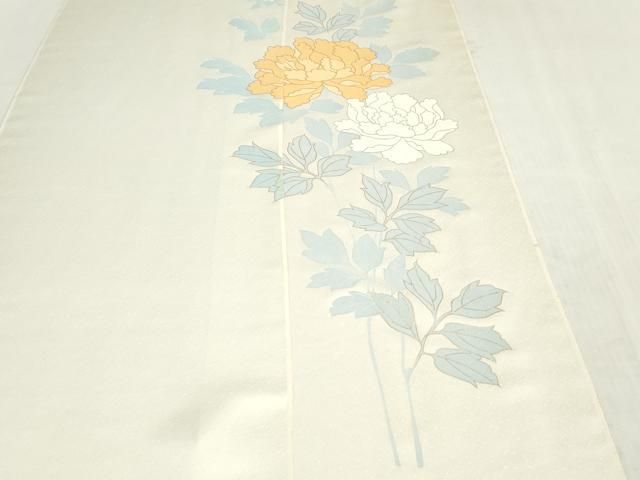 平和屋着物▼付下げ　反物　着尺　駒刺繍　牡丹　金彩　白花色　逸品　未使用　DABK9384zy