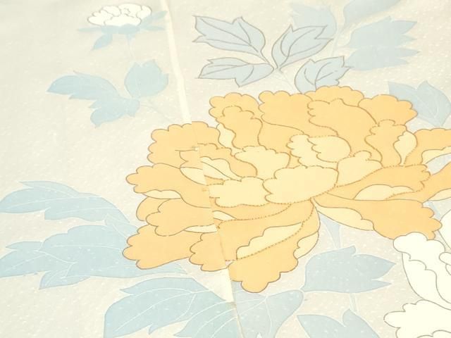 平和屋着物▼付下げ　反物　着尺　駒刺繍　牡丹　金彩　白花色　逸品　未使用　DABK9384zy
