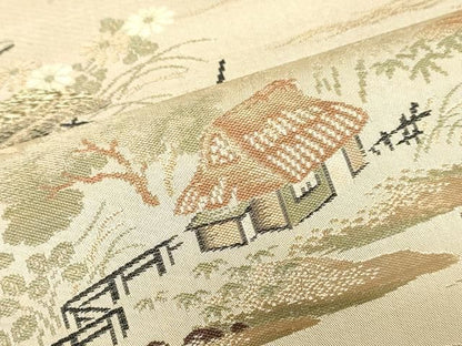 平和屋着物▼袋帯　帯反物　飛鶴風景文　金糸　逸品　DABK9471zy