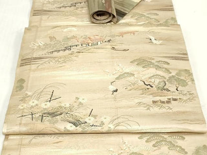 平和屋着物▼袋帯　帯反物　飛鶴風景文　金糸　逸品　DABK9471zy