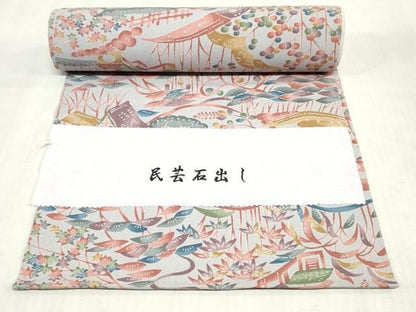 平和屋着物▼小紋　反物　着尺　民芸石出し　風景樹林文　逸品　未使用　DABK9509zy