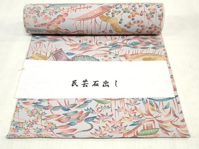 平和屋着物▼小紋　反物　着尺　民芸石出し　風景樹林文　逸品　未使用　DABK9509zy