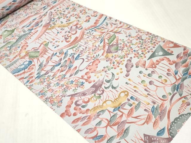 平和屋着物▼小紋　反物　着尺　民芸石出し　風景樹林文　逸品　未使用　DABK9509zy