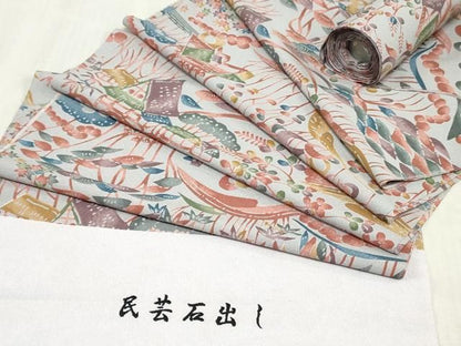 平和屋着物▼小紋　反物　着尺　民芸石出し　風景樹林文　逸品　未使用　DABK9509zy
