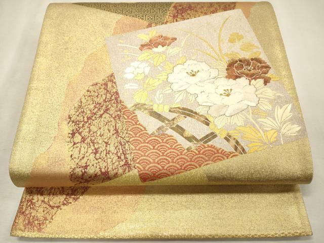 平和屋着物◎太鼓柄袋帯　刺繍　色紙重ね花文　金彩　正絹　逸品　DABK9546cd