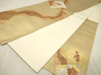 平和屋着物◎太鼓柄袋帯　刺繍　色紙重ね花文　金彩　正絹　逸品　DABK9546cd