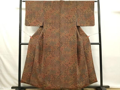 平和屋着物■上質な小紋　更紗花鳥文　鬼しぼ縮緬　正絹　逸品　DABK9777cd