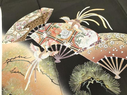 平和屋着物■伝統工芸士　村井紀夫　黒留袖　扇面鳳凰花文　暈し染め　金銀彩　正絹　逸品　DABK9787cd