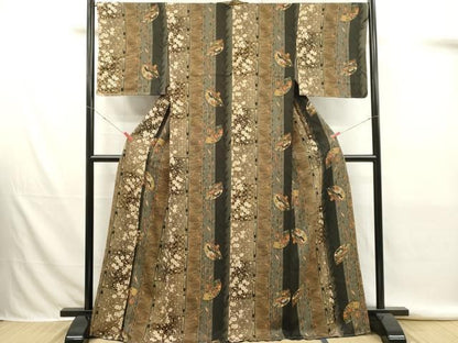 平和屋着物■上質な小紋　扇面花鳥文　間道　正絹　逸品　未使用　DABK9795cd