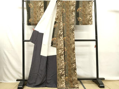 平和屋着物■上質な小紋　扇面花鳥文　間道　正絹　逸品　未使用　DABK9795cd