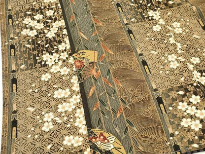 平和屋着物■上質な小紋　扇面花鳥文　間道　正絹　逸品　未使用　DABK9795cd