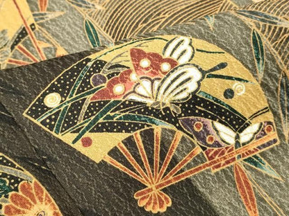 平和屋着物■上質な小紋　扇面花鳥文　間道　正絹　逸品　未使用　DABK9795cd