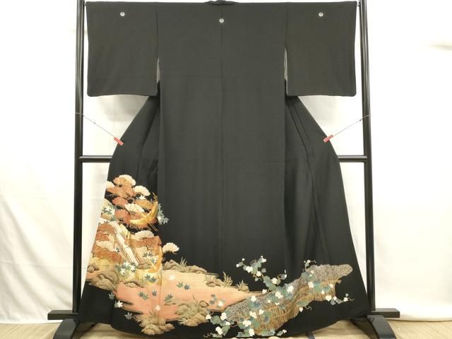 平和屋着物■豪華黒留袖　駒刺繍　飛鶴松文　金銀彩　正絹　逸品　DABK9798cd