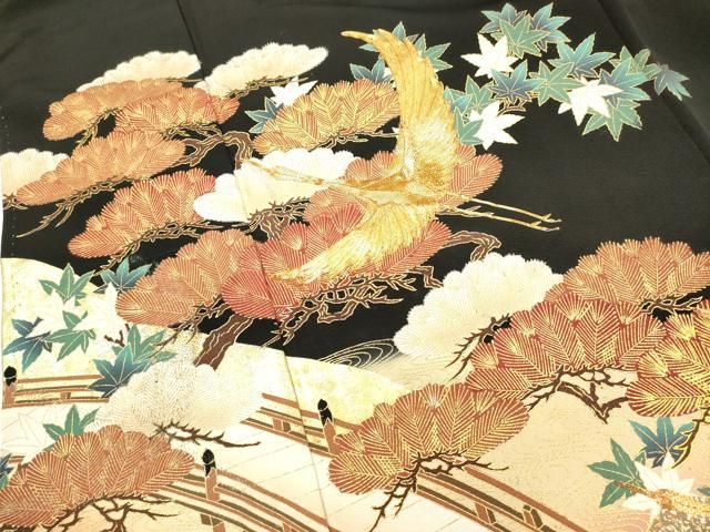 平和屋着物■豪華黒留袖　駒刺繍　飛鶴松文　金銀彩　正絹　逸品　DABK9798cd