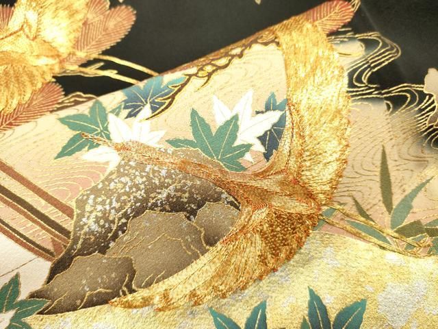 平和屋着物■豪華黒留袖　駒刺繍　飛鶴松文　金銀彩　正絹　逸品　DABK9798cd