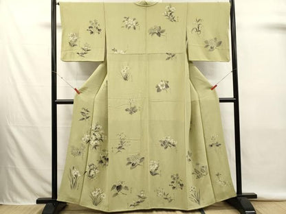 平和屋着物■訪問着　手描き　草花文　鬼しぼ縮緬　正絹　逸品　DABK9801cd