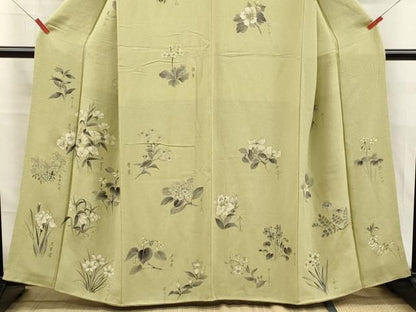 平和屋着物■訪問着　手描き　草花文　鬼しぼ縮緬　正絹　逸品　DABK9801cd