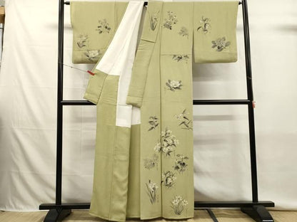 平和屋着物■訪問着　手描き　草花文　鬼しぼ縮緬　正絹　逸品　DABK9801cd