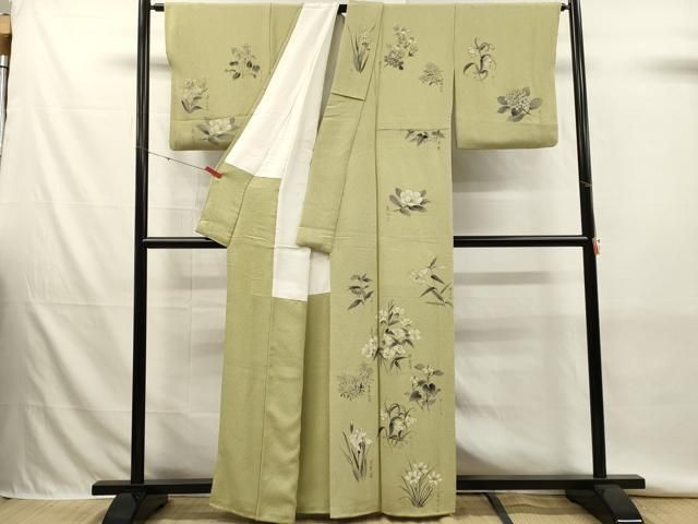 平和屋着物■訪問着　手描き　草花文　鬼しぼ縮緬　正絹　逸品　DABK9801cd