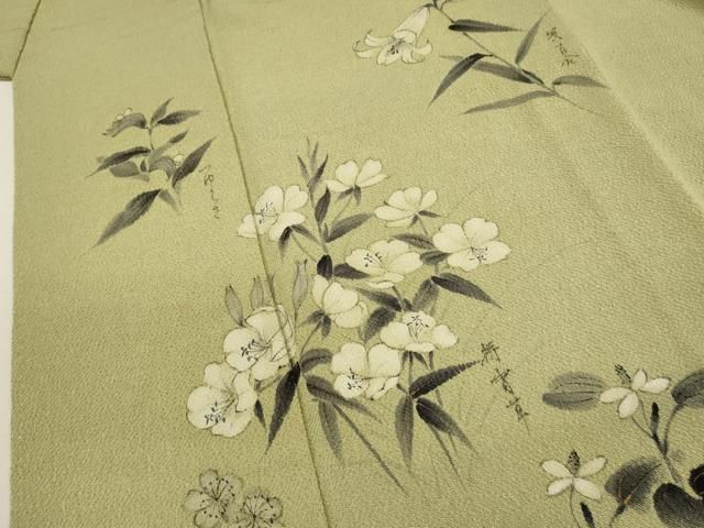 平和屋着物■訪問着　手描き　草花文　鬼しぼ縮緬　正絹　逸品　DABK9801cd