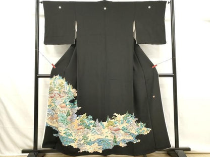 平和屋着物■豪華黒留袖　友禅　作家物　風景文　正絹　逸品　DABK9811cd