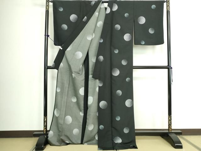 平和屋着物▽小紋　単衣　丸文　黒地　ロング丈　洗える着物　DABK9950cd