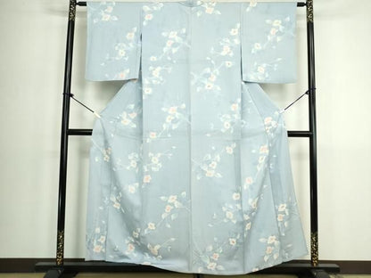 平和屋着物▽上質な小紋　単衣　地紋起こし　枝花文　反端付き　正絹　逸品　DABK9952cd