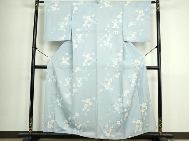 平和屋着物▽上質な小紋　単衣　地紋起こし　枝花文　反端付き　正絹　逸品　DABK9952cd