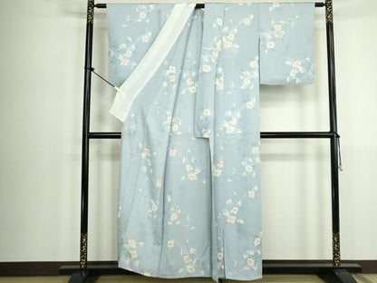 平和屋着物▽上質な小紋　単衣　地紋起こし　枝花文　反端付き　正絹　逸品　DABK9952cd