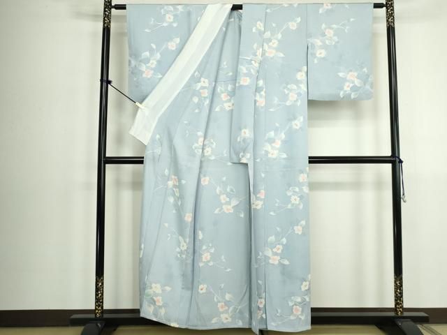 平和屋着物▽上質な小紋　単衣　地紋起こし　枝花文　反端付き　正絹　逸品　DABK9952cd