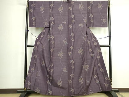 平和屋着物▽上質な紬　単衣　草花文　正絹　逸品　DABK9972cd