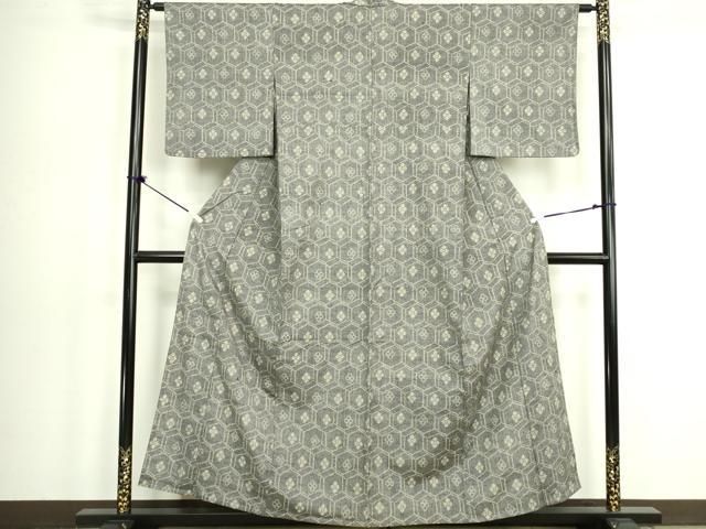 平和屋着物▽上質な紬　単衣　亀甲花文　正絹　逸品　DABK9980cd