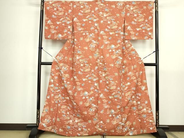 平和屋着物▽小紋　単衣　流水花文　洗える着物　DABK9981cd
