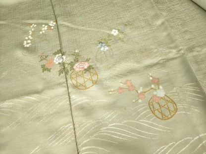 平和屋着物▽訪問着　単衣　刺繍　花籠文　正絹　逸品　DABK9983cd
