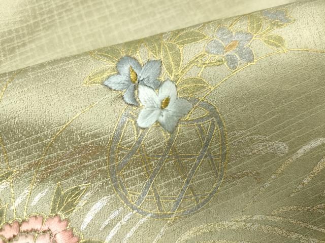 平和屋着物▽訪問着　単衣　刺繍　花籠文　正絹　逸品　DABK9983cd