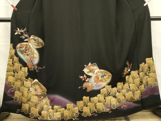 平和屋着物■豪華黒留袖　刺繍　貝合わせ鳳凰御所車花文　暈し染め　金銀彩　正絹　逸品　DABL0002qp