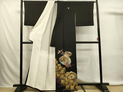 平和屋着物■豪華黒留袖　刺繍　貝合わせ鳳凰御所車花文　暈し染め　金銀彩　正絹　逸品　DABL0002qp
